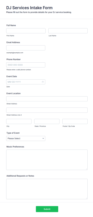 DJ Services Intake Form Template