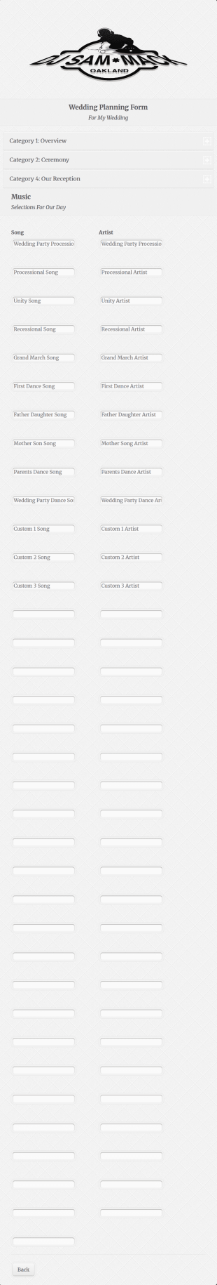 DJSAMMACK'S Wedding DJ Planning Forms Form Template