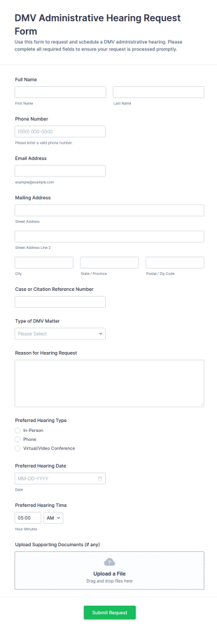 DMV Administrative Hearing Request Form Template
