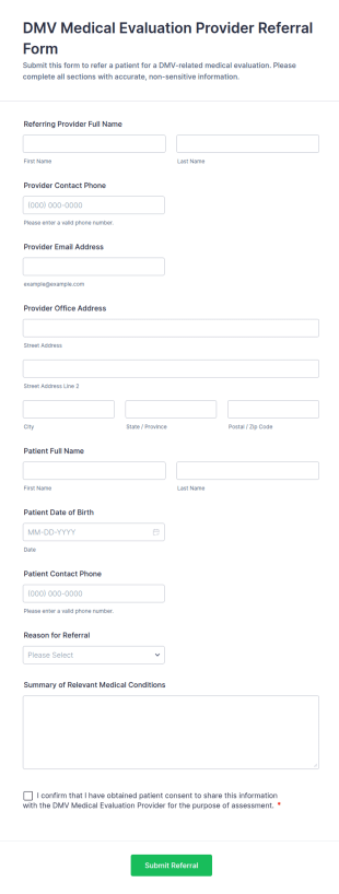DMV Medical Evaluation Provider Referral Form Template