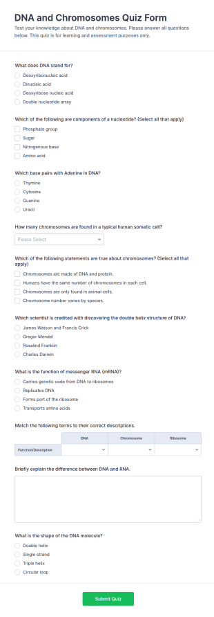 DNA And Chromosomes Quiz Form Template