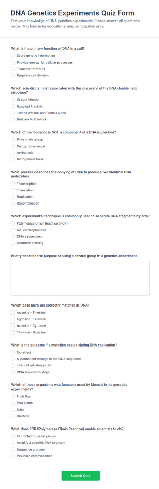 DNA Genetics Experiments Quiz Form Template
