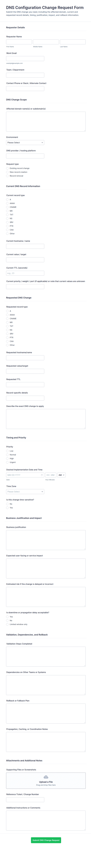 DNS Configuration Change Request Form Template