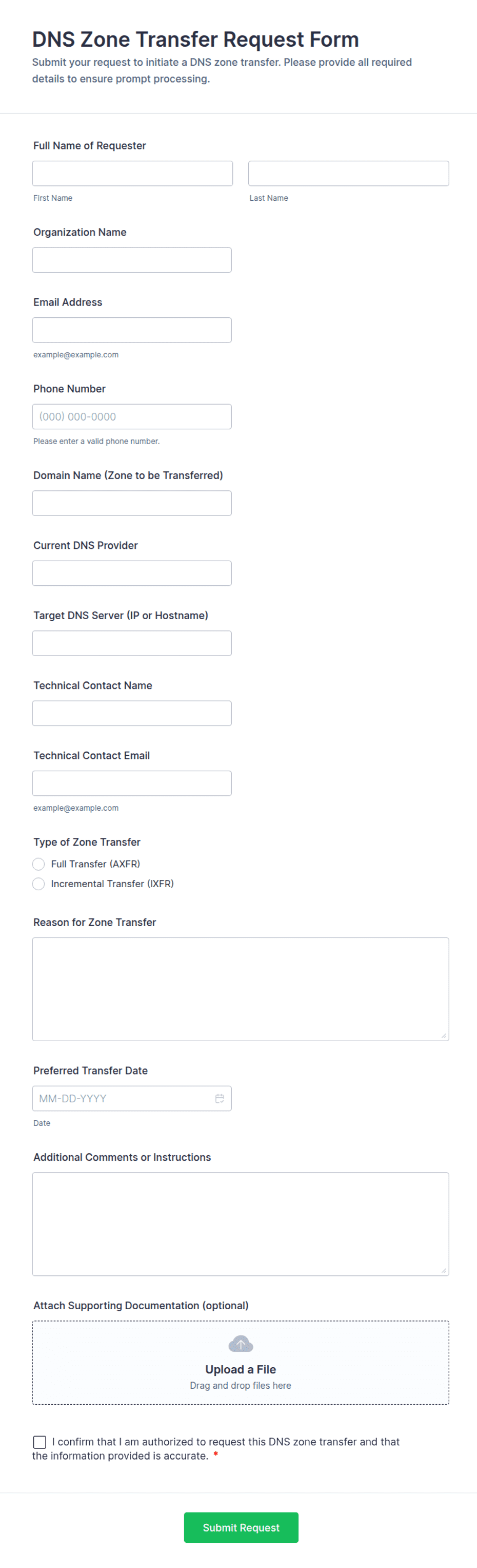 DNS Zone Transfer Request Form Template | Jotform