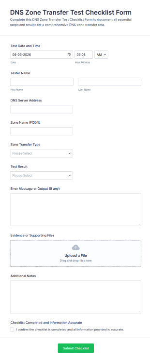 DNS Zone Transfer Test Checklist Form Template