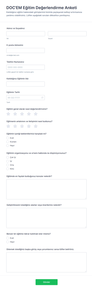 DOC'EM Eğitim Değerlendirme Anketi Form Şablonu
