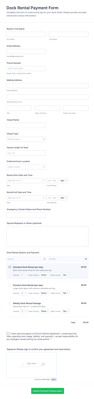 Dock Rental Payment Form Template