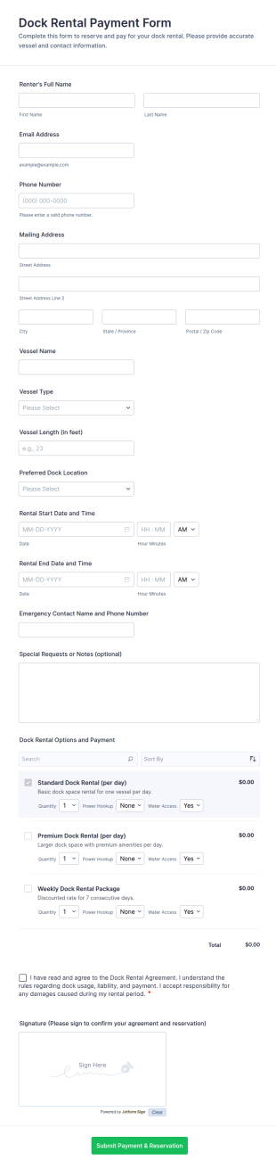 Dock Rental Payment Form Template