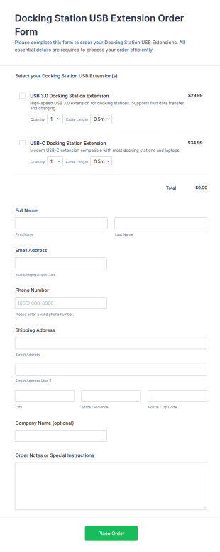 Docking Station USB Extension Order Form Template