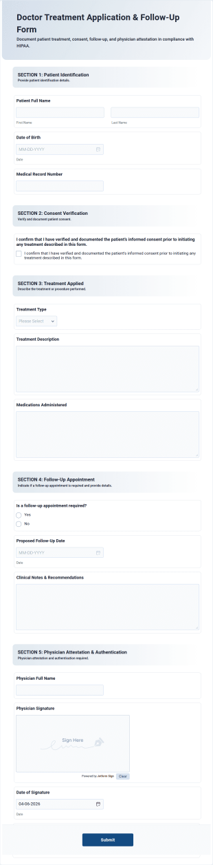 Doctor Treatment Application & Follow Up Form Template