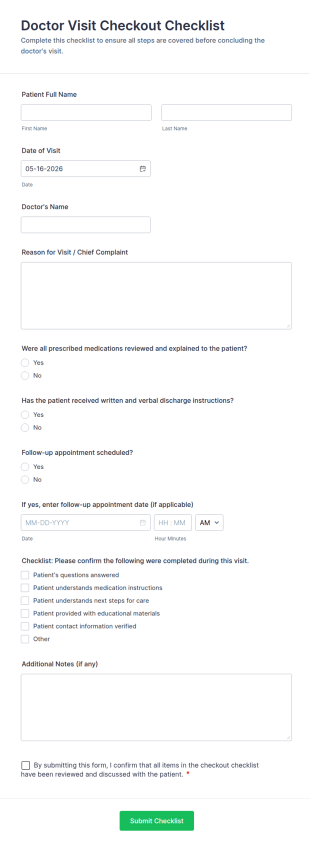 Doctor Visit Checkout Checklist Form Template