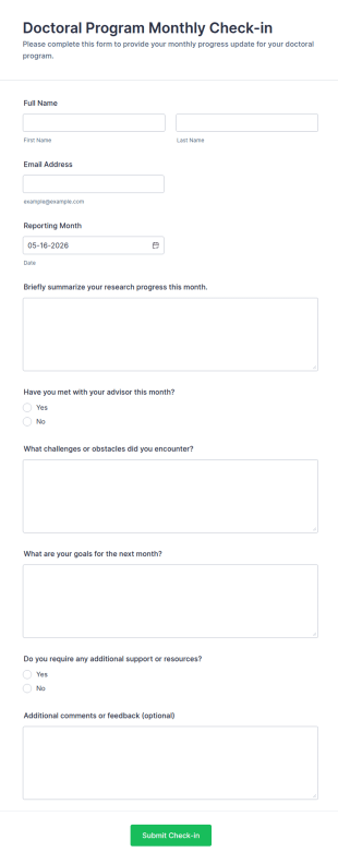 Doctoral Program Monthly Check In Form Template