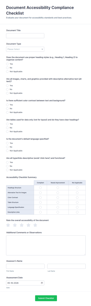 Document Accessibility Compliance Checklist Form Template