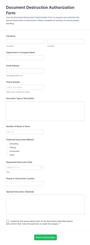 Document Destruction Authorization Form Template