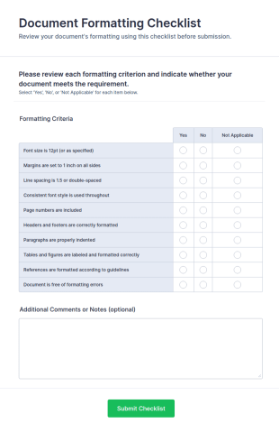 Document Formatting Checklist Form Template