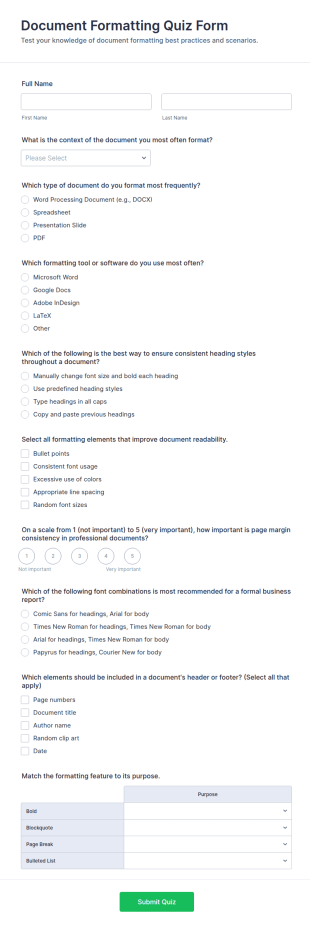 Document Formatting Quiz Form Template