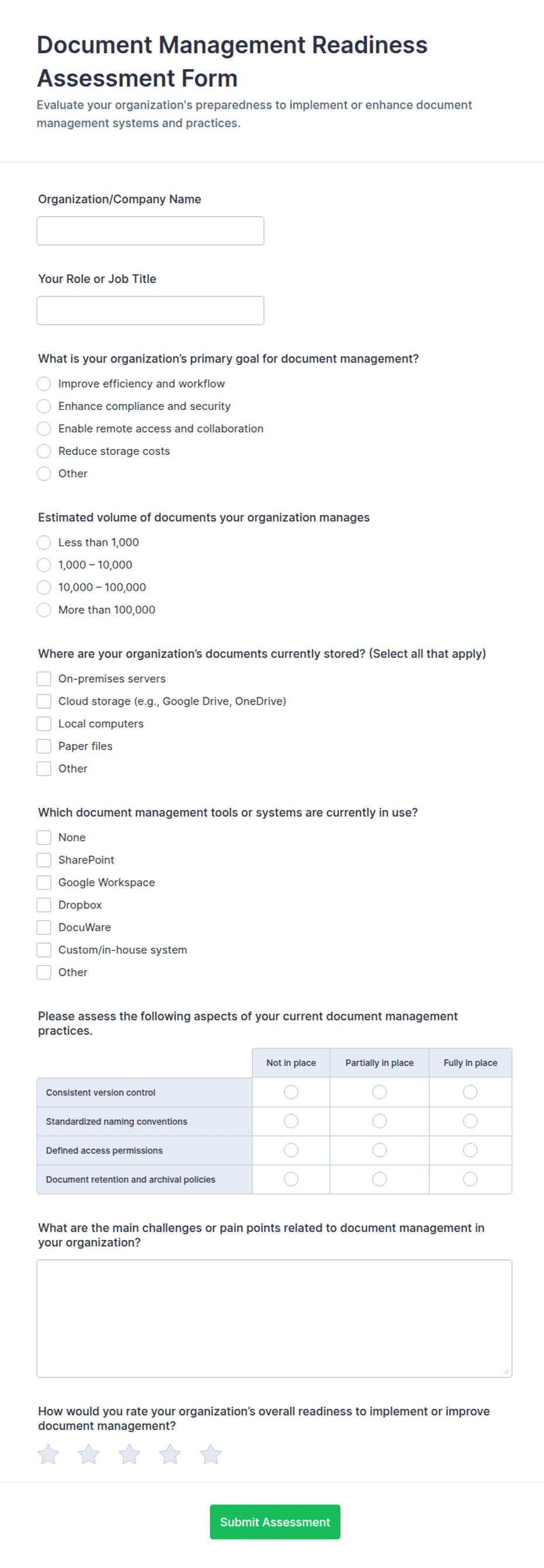 Document Management Readiness Assessment Form Template | Jotform