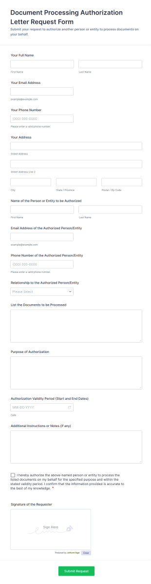 Document Processing Authorization Letter Request Form Template