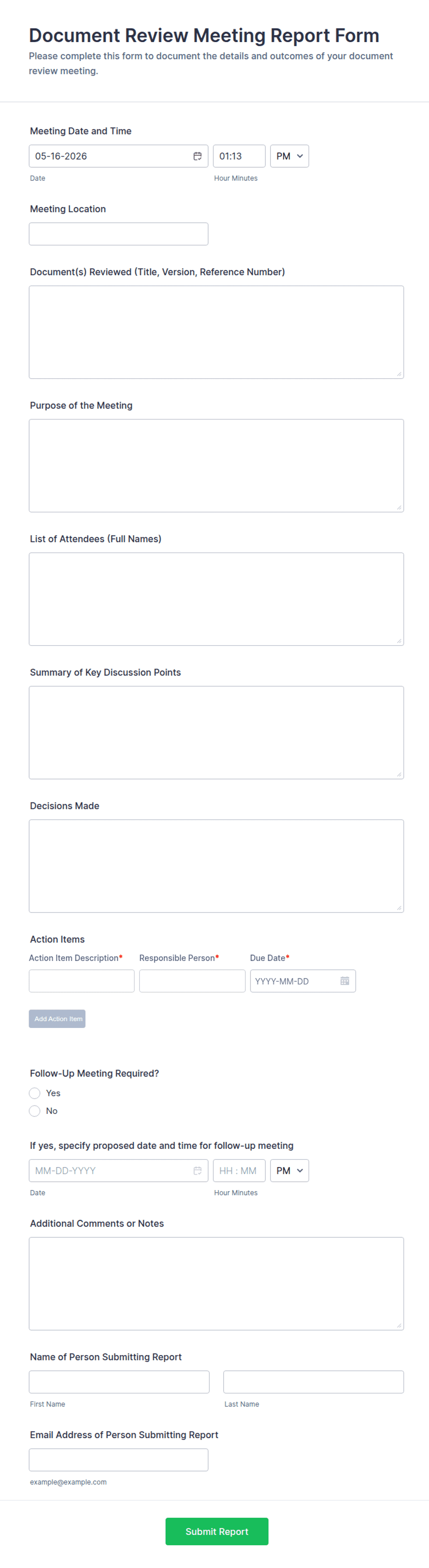 Review Date Example Document Review Meeting Report Form Template | Jotform