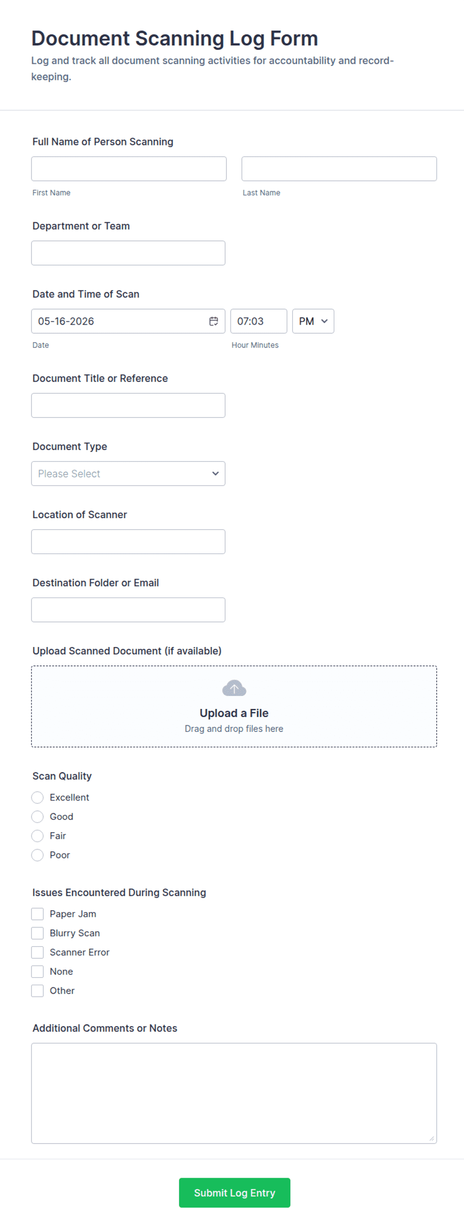 Scanning Form Document Scanning Log Form Template | Jotform