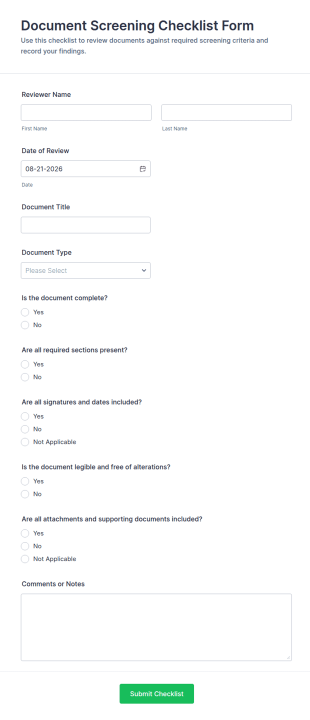 Document Screening Checklist Form Template