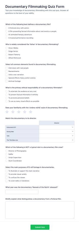 Documentary Filmmaking Quiz Form Template