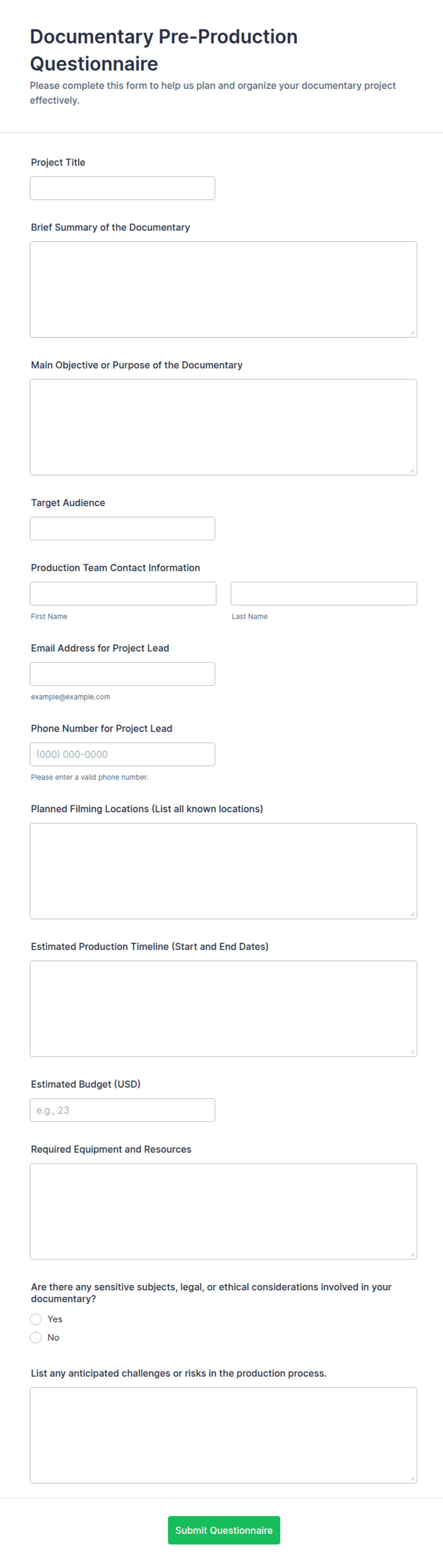 Documentary Pre-Production Questionnaire Form Template | Jotform