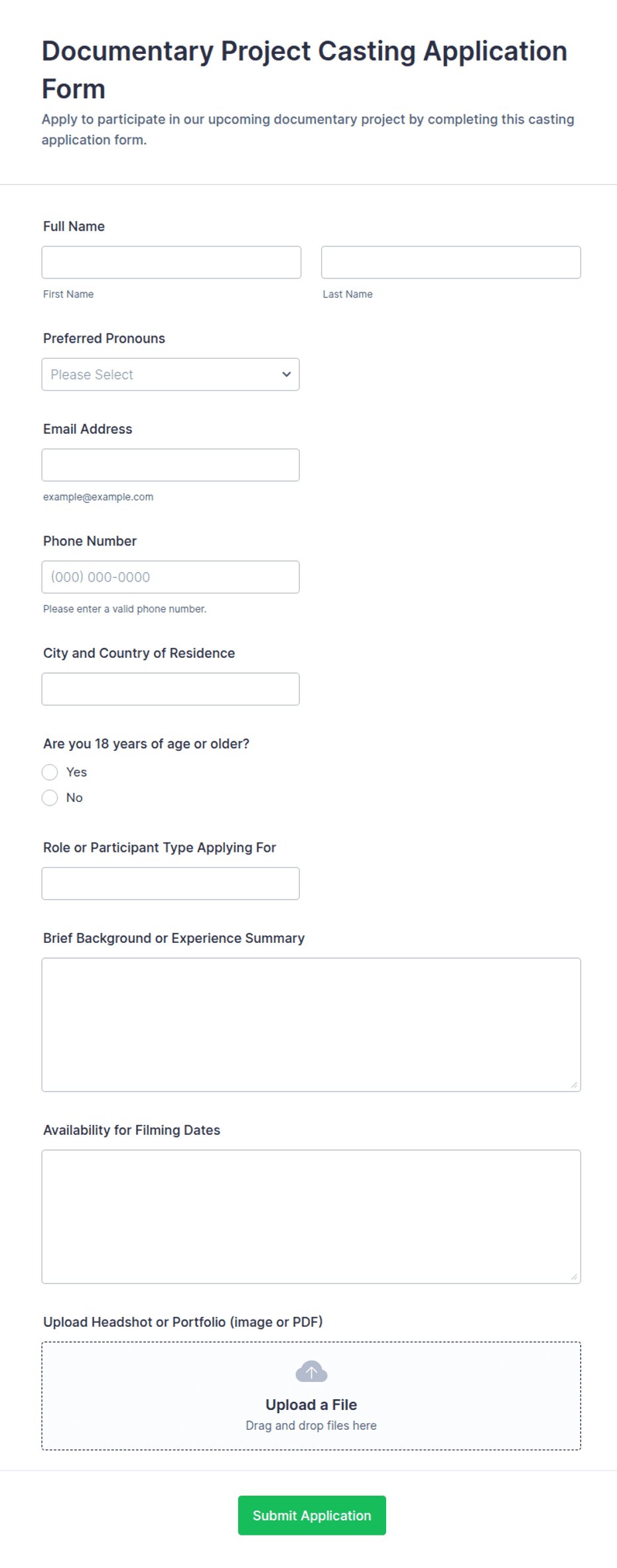 Documentary Project Casting Application Form Template | Jotform
