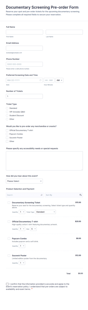 Documentary Screening Pre Order Form Template