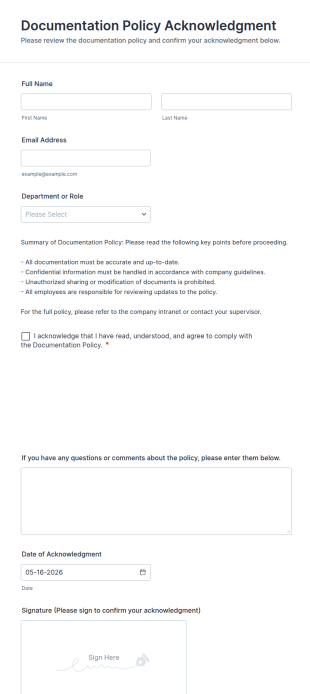 Documentation Policy Acknowledgment Form Template