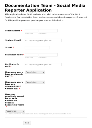 Documentation Team Social Media Reporter Application Form Template