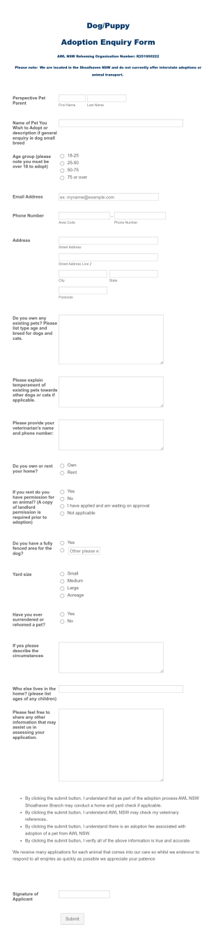 Dog Adoption Application Form Template
