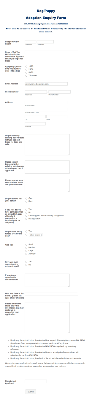 Dog Adoption Application Form Template