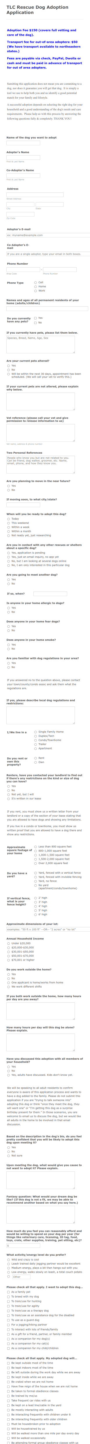 Dog Adoption Application Form Template