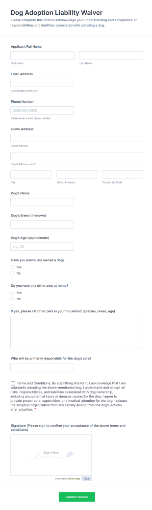 Dog Adoption Liability Waiver Form Template