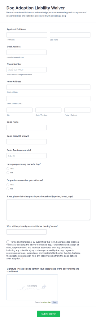 Dog Adoption Liability Waiver Form Template