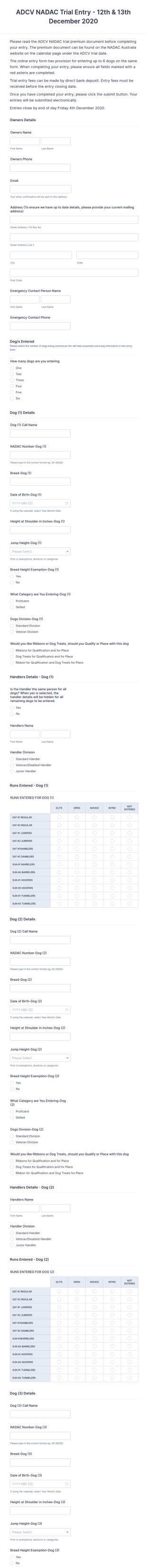 Dog Agility Trial Entry Form Template