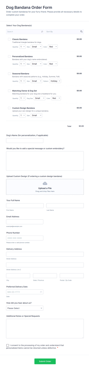 Dog Bandana Order Form Template