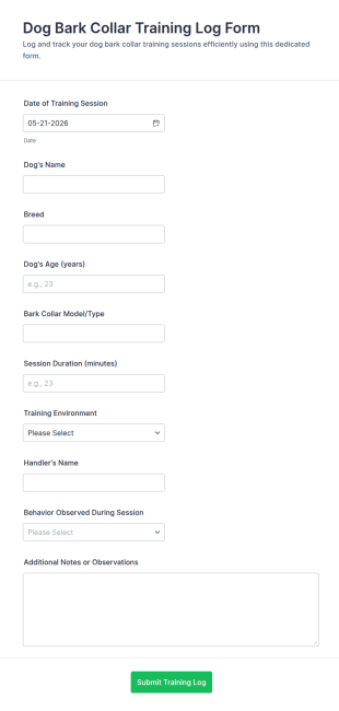 Dog Bark Collar Training Log Form Template