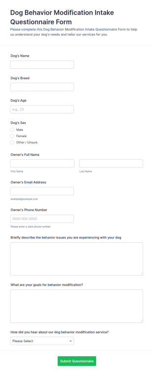 Dog Behavior Modification Intake Questionnaire Form Template