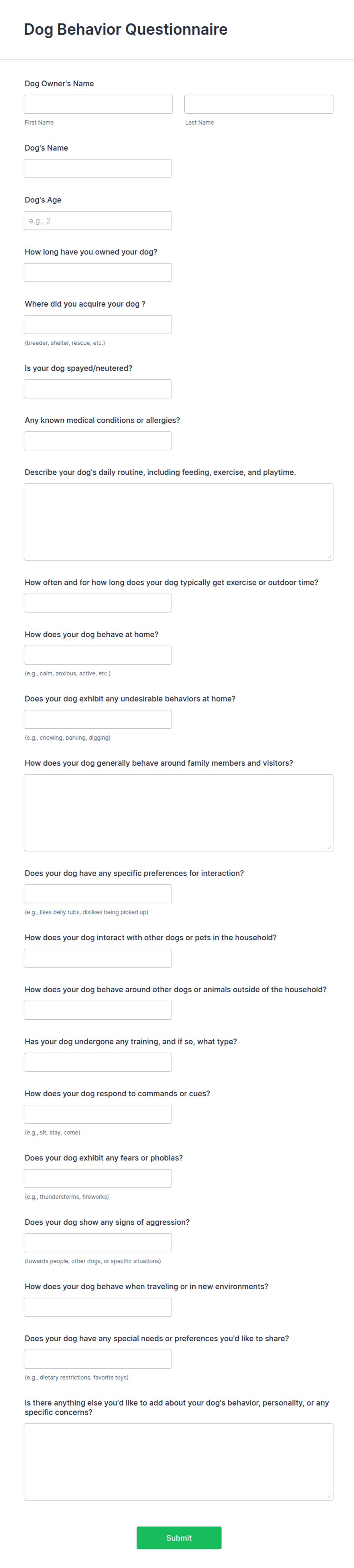 Pet Mobility Questionnaire.pdf Dog Behavior Questionnaire Form Template | Jotform