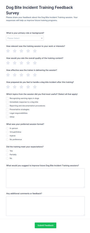 Dog Bite Incident Training Feedback Form Template