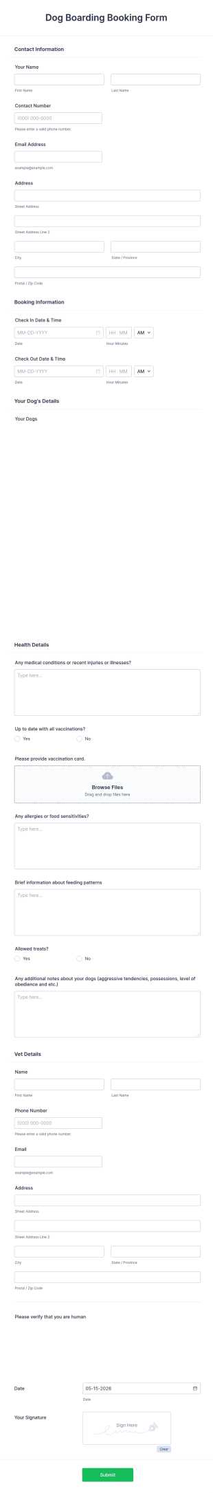 Dog Boarding Booking Form Template