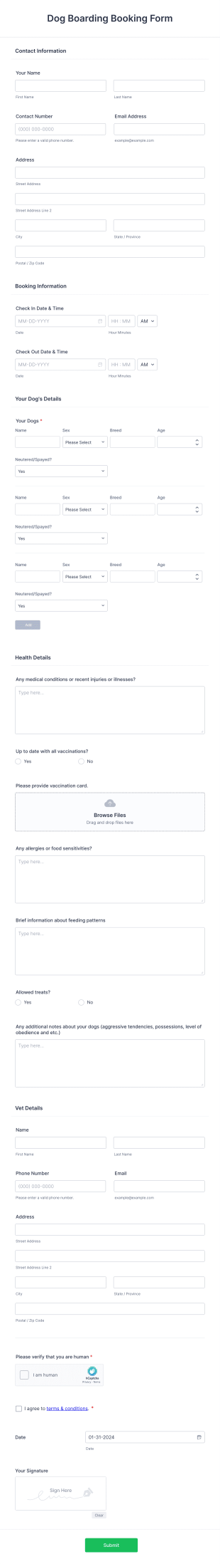 Dog Boarding Booking Form Template