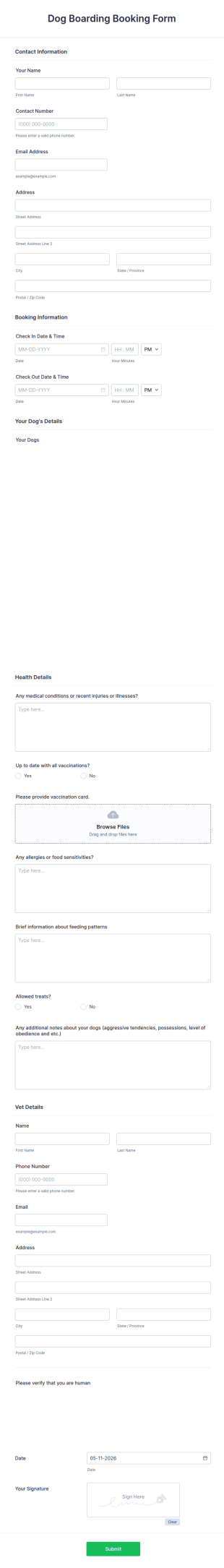 Dog Boarding Booking Form Template