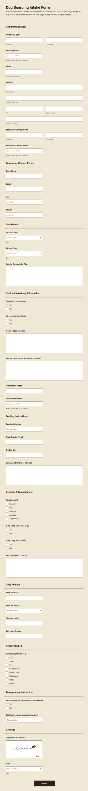 Dog Boarding Intake Form Template