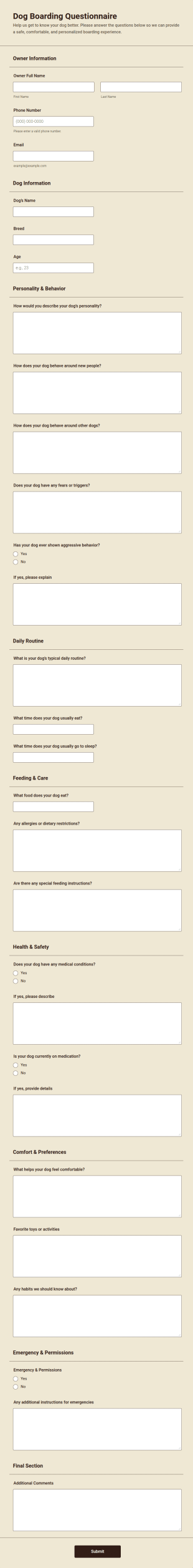 Dog Boarding Questionnaire Form Template