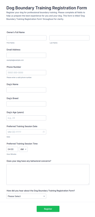 Dog Boundary Training Registration Form Template