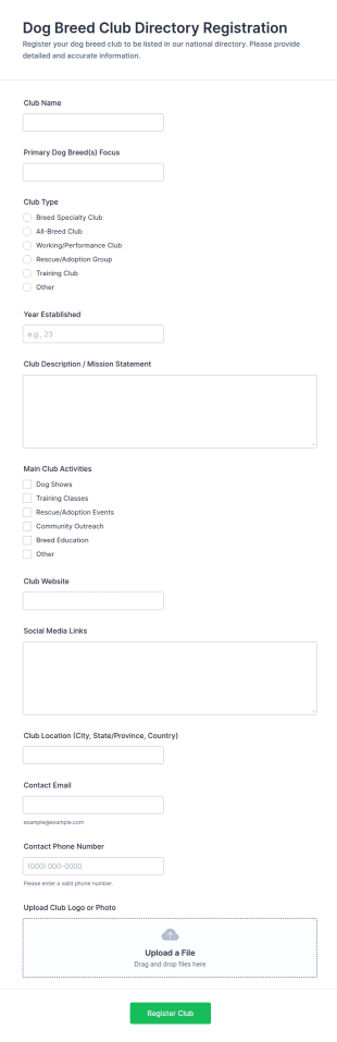 Dog Breed Club Directory Registration Form Template