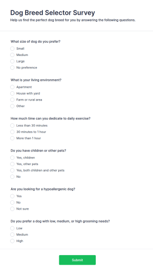 Dog Breed Selector Survey Form Template